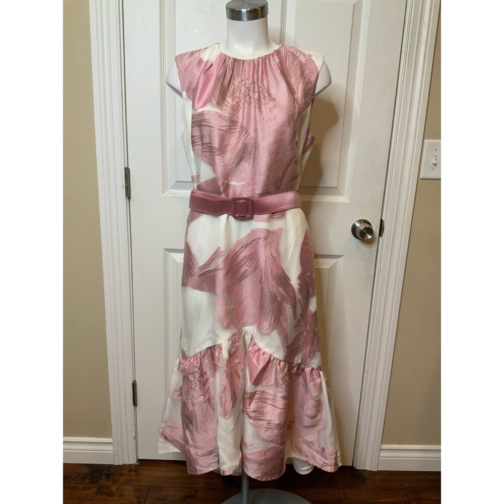 Kay Unger White Pink Floral Belted Midi Dress W/ Mermaid Skirt, Size 12